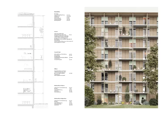 Die Neubauten werden alle als effiziente und modulare Holzbauten entwickelt.
Plan: Fassadenschnitt und Fassadenansicht Neubau