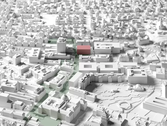 Site model; Knowledge and healthcare cluster of the Hochschulgebiet Z&uuml;rich Zentrum, with the University Hospital Zurich, the University of Zurich and ETH Zurich. Red volume: New Building for Diagnostic and Laboratory Medicine, University Hospital Zurich.