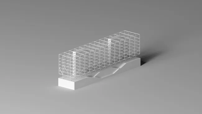 Strukturmodell
Das Geb&auml;ude ist ein Hybridbau mit Slim-Floor-Decken und Ortbetonkernen. Es wird tief gegr&uuml;ndet. Die Konstruktion reduziert den CO₂-Verbrauch des Bauk&ouml;rpers im Vergleich um rund 50 %., Bild: E2A