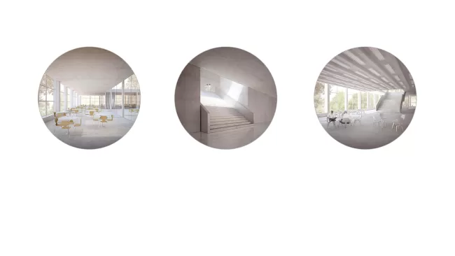 v.l.n.r.: Caf&eacute;teria 1. Obergeschoss, Treppe zur Haupterschliessung, Verbindung 1. OG / 2. OG
