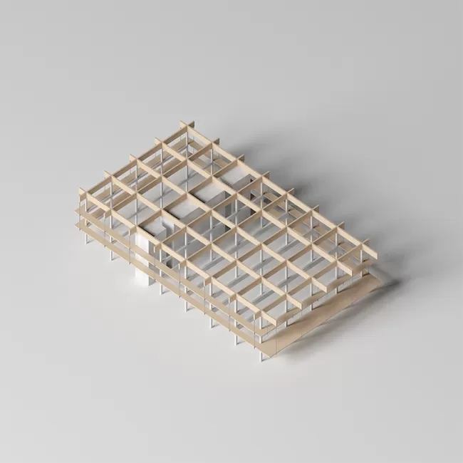 Das Publikumsgeb&auml;ude besteht aus einem hybriden Skelettbau aus Holz und Beton.