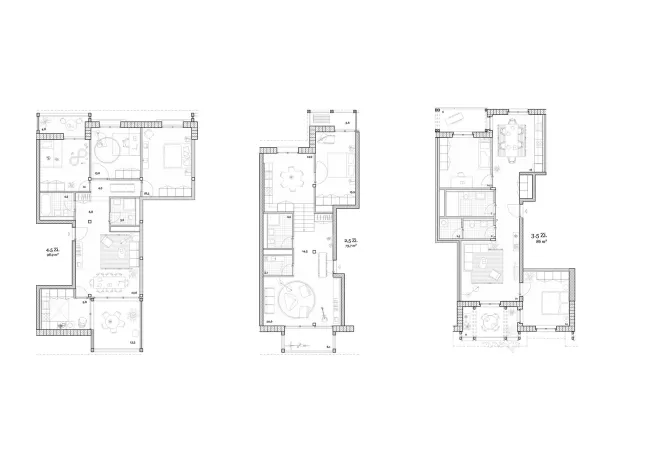 Grundriss Wohnungstypen v.l.n.r.:
L&auml;rm-Typ, Splitlevel-Typ, Zweiseiten-Typ